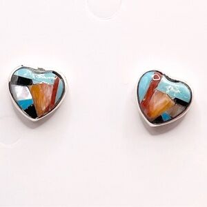 Turquoise, Spiney, Mop, onyx inlay heart shaped 925 sterling silver Earrings